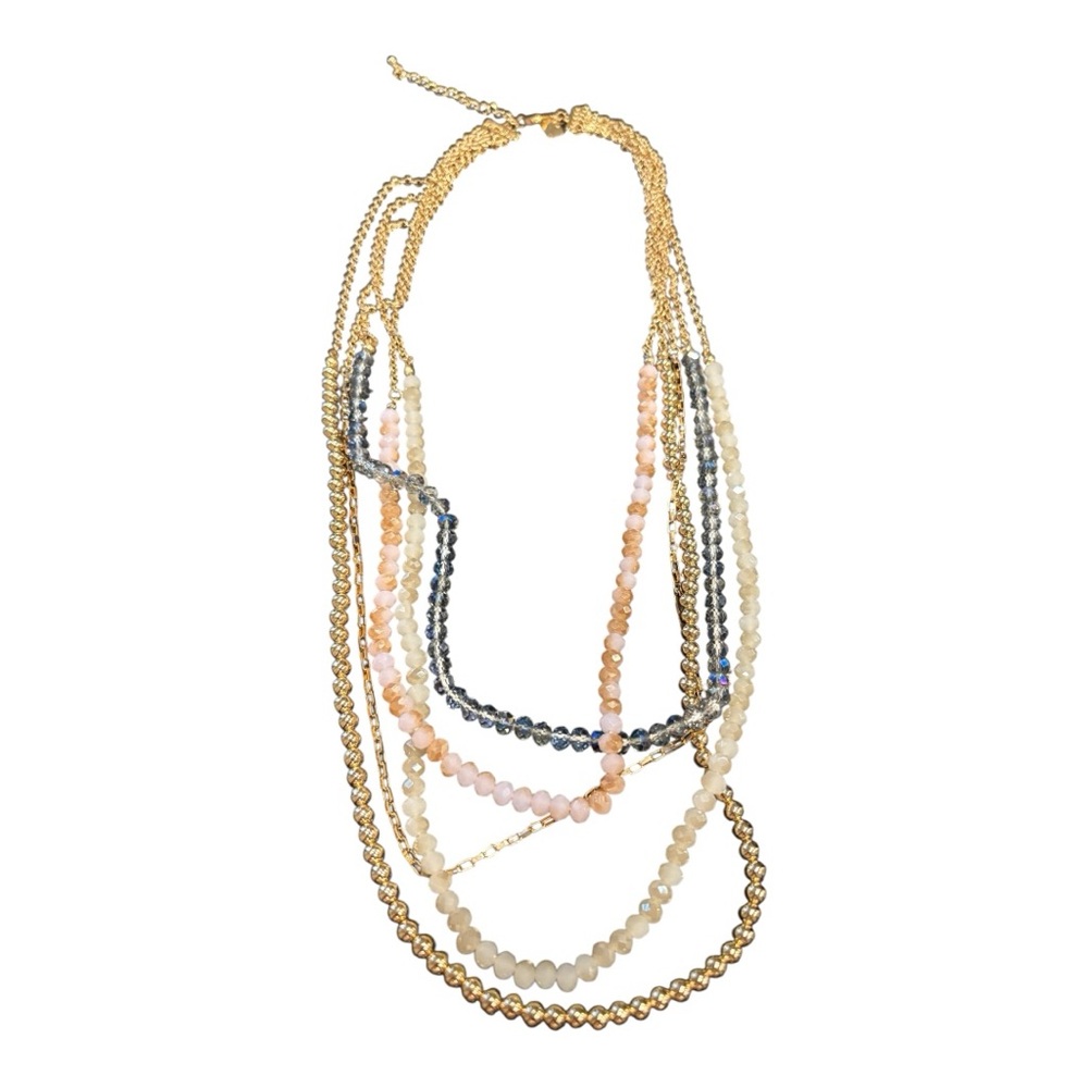T & R Multi-Strand Statement Necklace – Pastel Beads & Gold Chain JB9